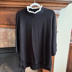 Capote black elbow length mock neck light sweater fuzzy off-white trim neck M-XL